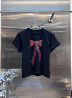 0MB.欧洲站新品南油高端圆领减龄蝴蝶结印花上衣短款百搭短袖T恤