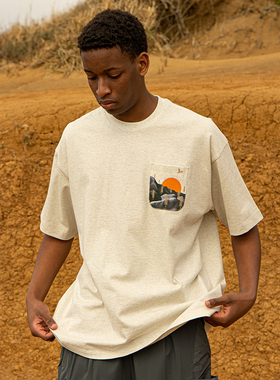 Halcyon 日系复古口袋印花短袖男简约宽松休闲圆领短袖t恤夏季