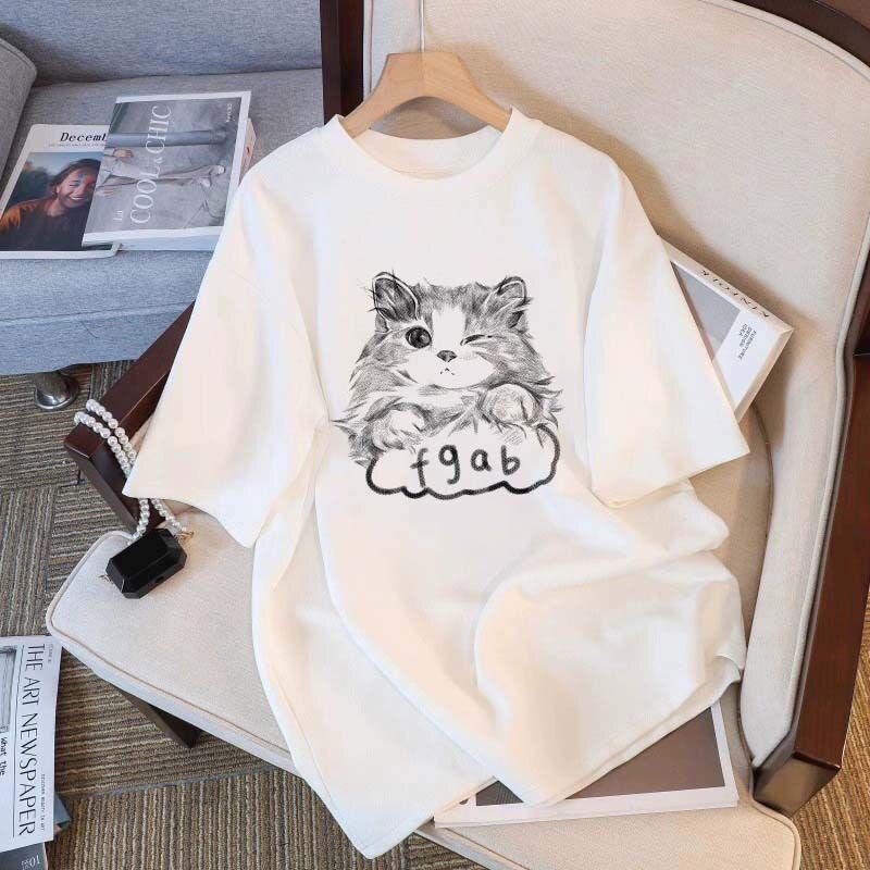 女童2026爆款猫咪印花夏季白色短袖T恤宽松休闲百搭圆领慵懒风重