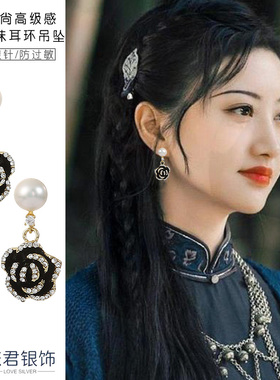 经典黑色花朵耳环耳钉耳饰女