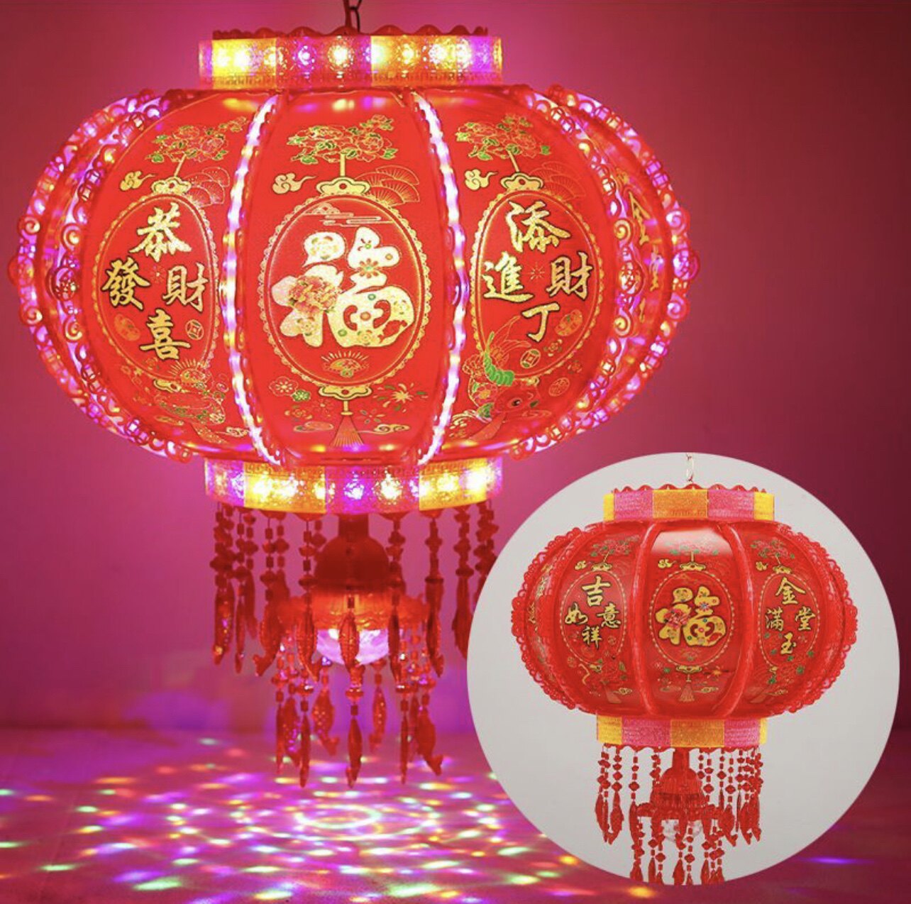 2024新年七彩旋转led走马灯笼挂饰电动水晶吊灯大门阳台装饰灯笼