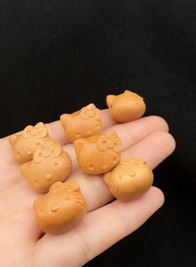 檀香木kitty猫头上下通孔DIY左右通孔配件实木雕刻童趣摆件送礼品