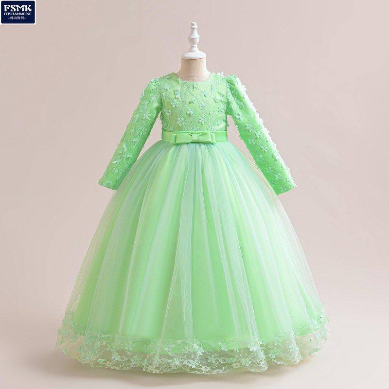 欧美新款儿童礼服公主裙中大童长袖花朵婚纱礼服裙长款网纱蓬蓬裙