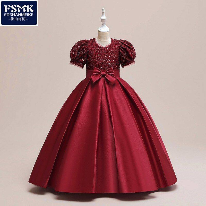 2024欧美新款儿童礼服长款公主裙缎布婚纱花童礼服女童洋气晚礼服