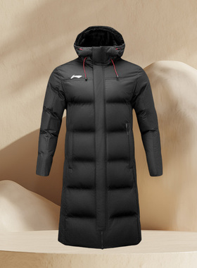 李宁儿童棉服男长款运动加厚冬季新款防风保暖连帽棉衣AFMR488