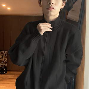 半高领毛衣开衫外套男2025春秋季新款美式宽松慵懒风拉链针织线衫图片