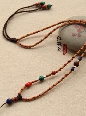 手编橄榄核竹节青金石细款吊坠