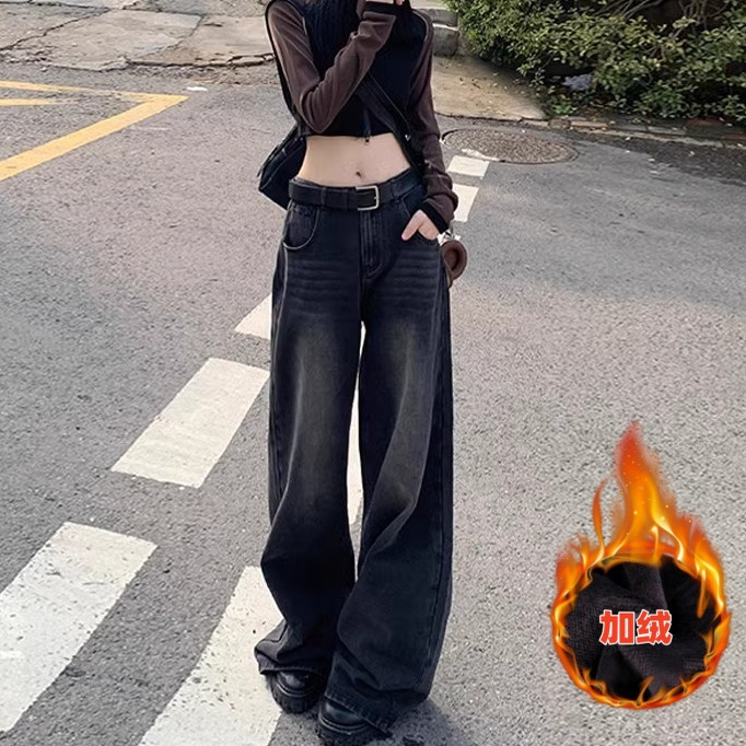 【潘星星】复古加绒牛仔裤女高腰牛仔裤