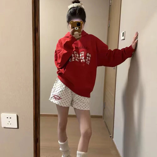 白色波点运动短裤女刺绣三分裤