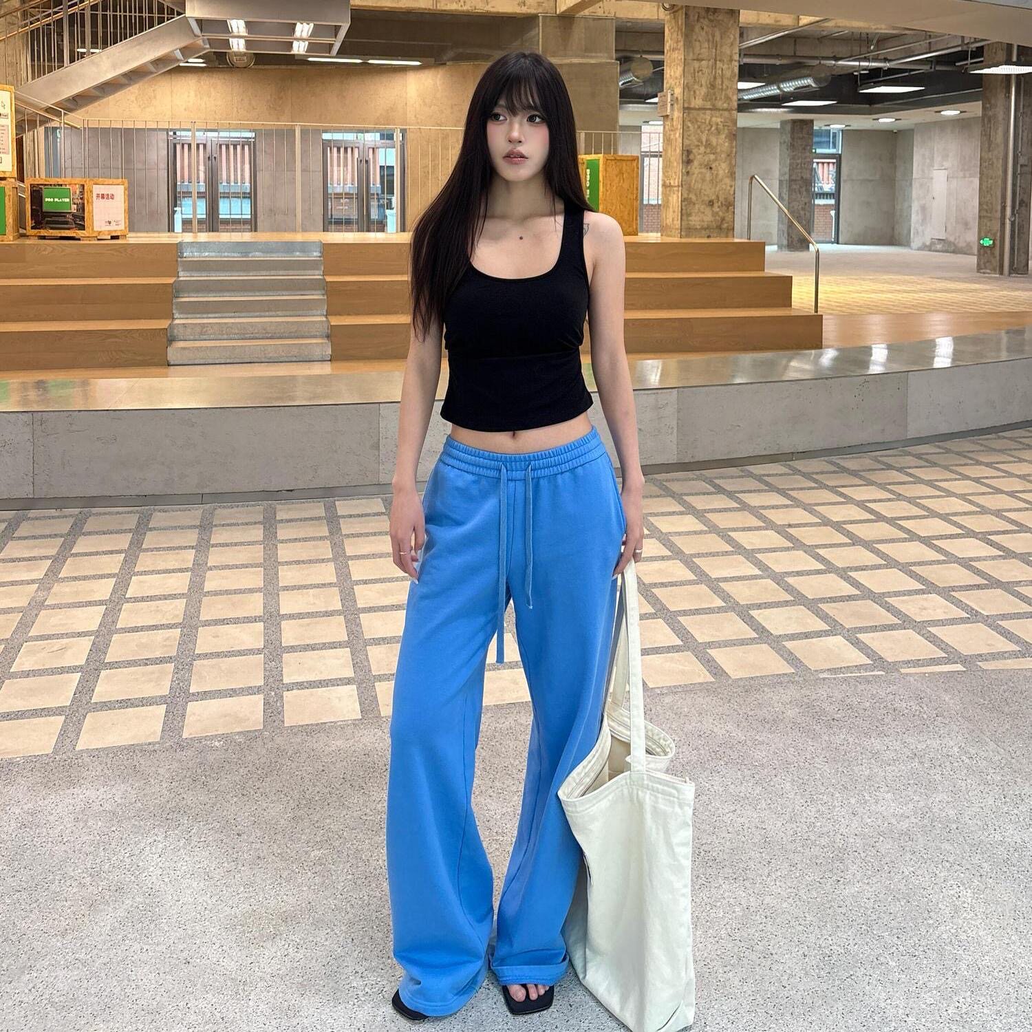 美式辣妹蓝色低腰直筒休闲卫裤