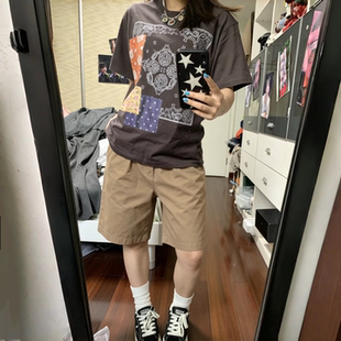 美式卡其色工装短裤中裤纯棉休闲运动薄款高腰宽松五分裤子女夏季