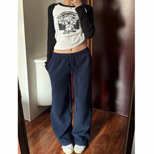 美式纯棉藏青色低腰抽绳阔腿卫裤女春秋宽松休闲百搭加绒运动长裤
