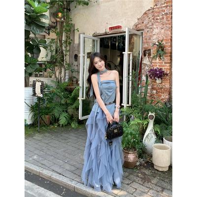 韩系甜美波点无袖抹胸背心女夏季设计感套装网纱高腰半身裙两件套