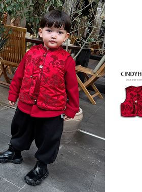 新年中式唐装马甲红色提花夹棉背心儿童拜年服喜庆坎肩
