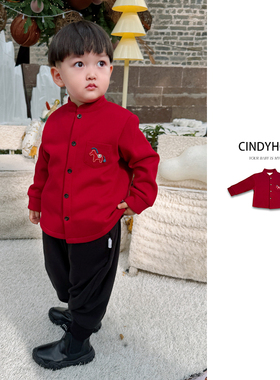 儿童加绒红色长袖衬衫小马贴布绣喜庆休闲款童装上衣