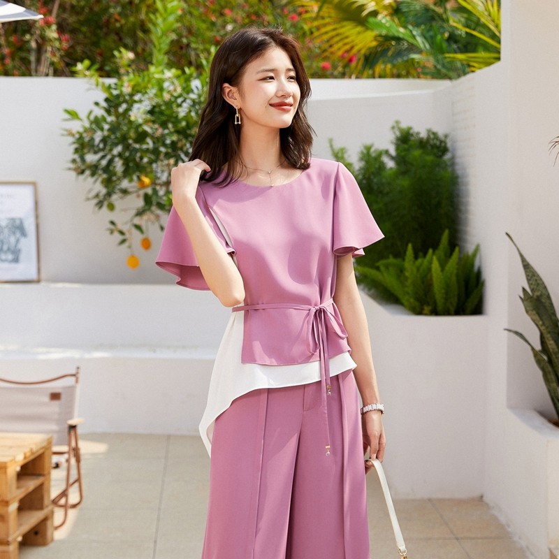 乔妮塔品牌女装2026夏季新款短袖圆领上衣阔腿长裤气质套装两件套