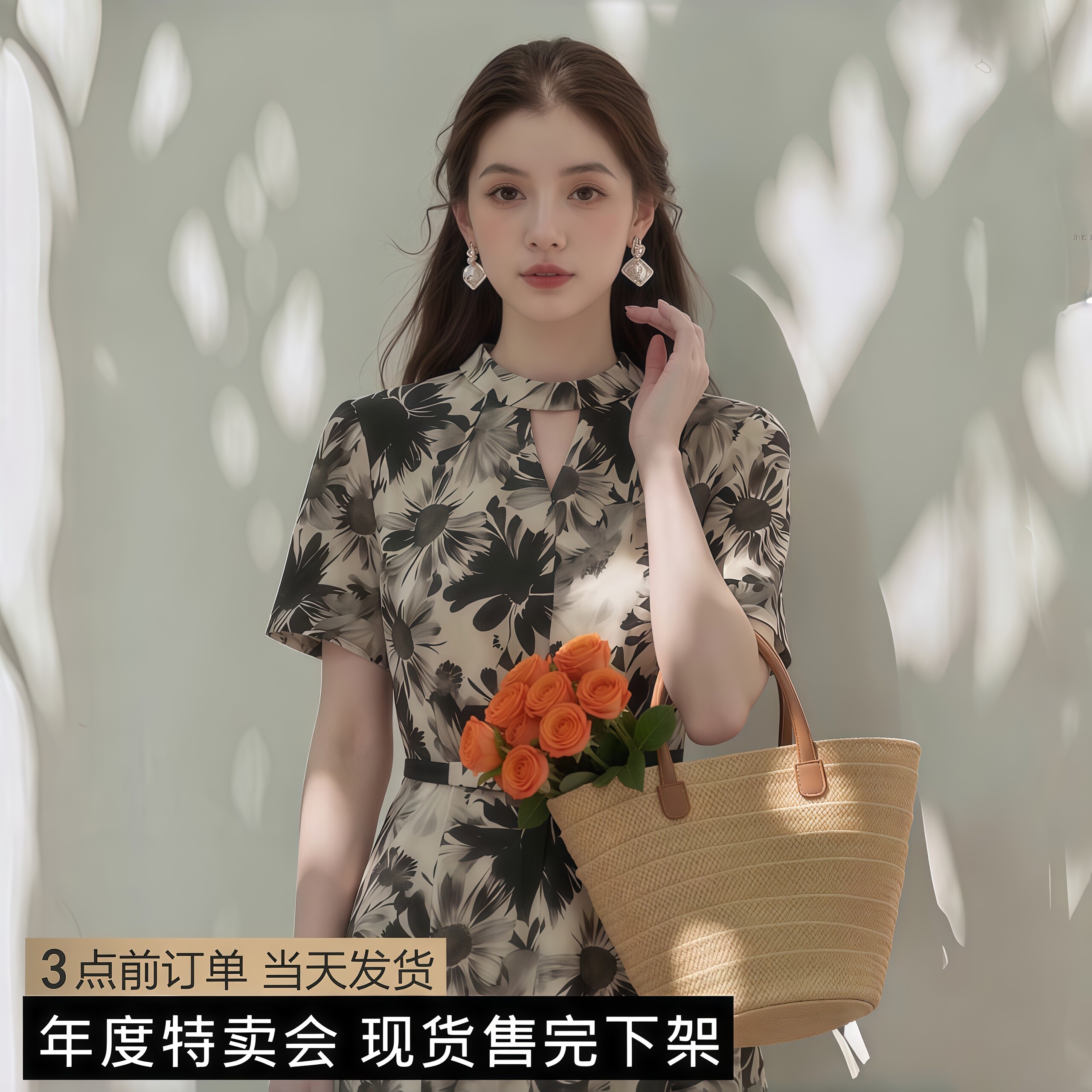 夏季新款系带短袖印花雪纺连衣裙
