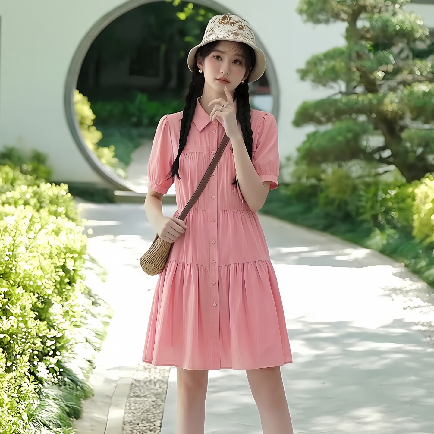 2026夏款短袖宽松型莱赛尔天丝粉红色甜美小个子A字连衣裙衬衫裙