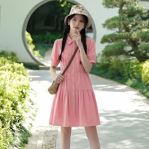 夏短袖宽松天丝粉红色衬衫连衣裙