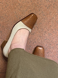 方头中跟复古真皮百搭舒适vintage古着鞋 无艳一禾同款 粗跟女单鞋