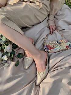 真皮古着vintage百搭小方头中细跟外穿女拖鞋 复古包头法式 女拖鞋