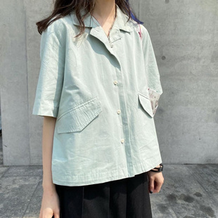百思朵2025夏季薄荷绿短袖上衣浅绿色女日系学生宽松休闲工装衬衫