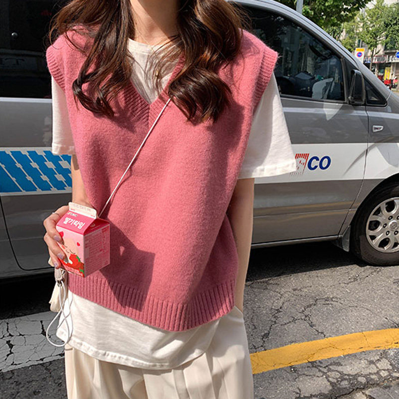 百思朵cec泫雅风洋气外穿玫粉色毛衣马甲树莓色v领无袖针织小背心