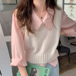 2025秋季 女小个子叠穿坠感大翻领尖领小众设计感上衣 蜜桃粉色衬衫