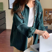 2026春秋复古墨绿色灯芯绒衬衫 慵懒显瘦小众设计感外搭 外套中长款