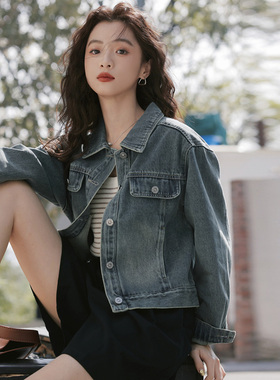 2025秋季复古做旧怀旧蓝色牛仔外套女士夹克短外套牛仔褂外搭开衫
