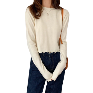 百思朵cec泫雅风高腰短款奶杏色针织衫上衣薄款毛衣冷色系打底衫