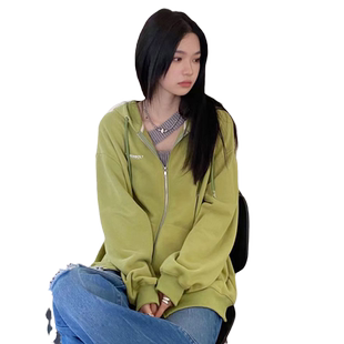 春秋牛油果绿色卫衣外套女拉链开衫芥末绿纯棉甜辣系oversize落肩