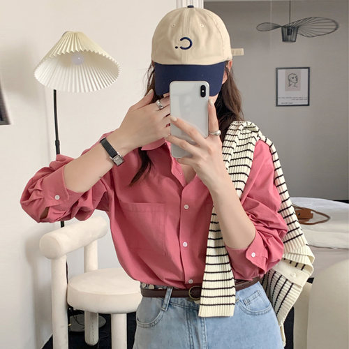 长袖纯棉衬衫慵懒2025树莓粉外套
