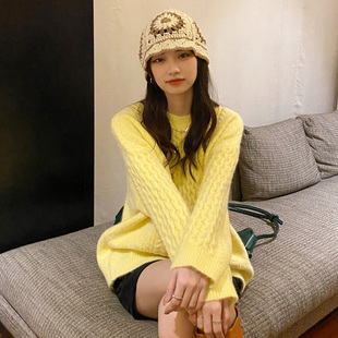 百思朵奶油黄毛衣女慵懒风加厚麻花套头鹅黄色针织衫上衣秋淡黄色