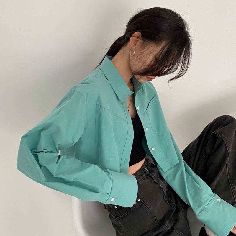 百思朵潮流湖水绿少女风长袖衬衫图片