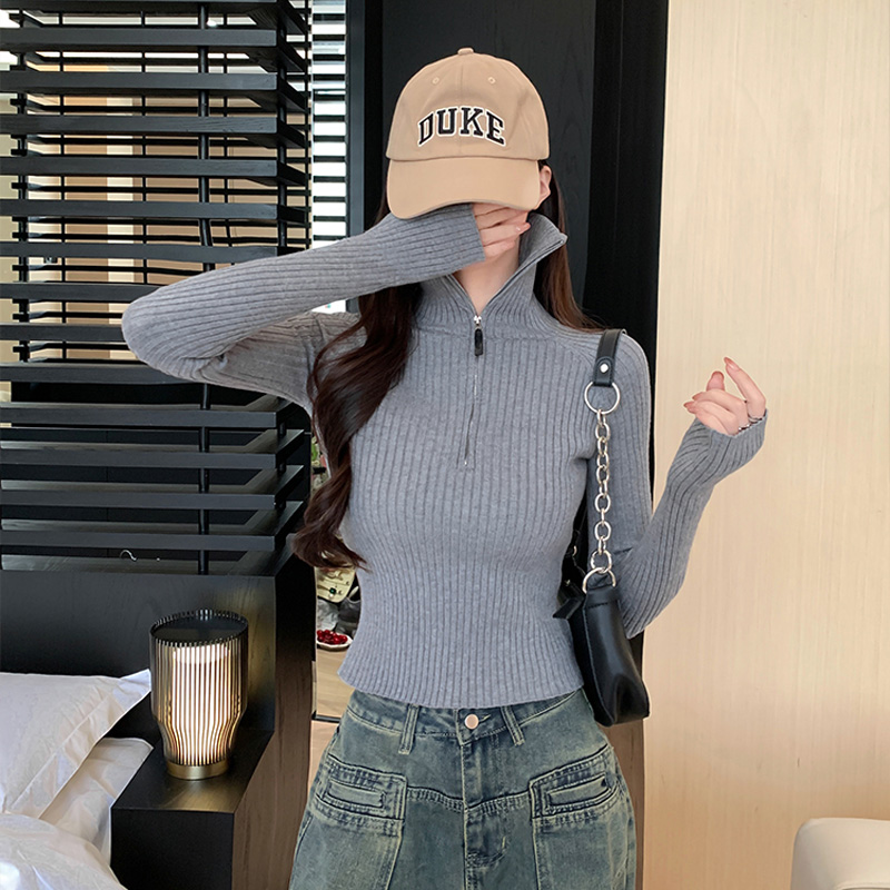 立领套头灰色针织衫正肩小众