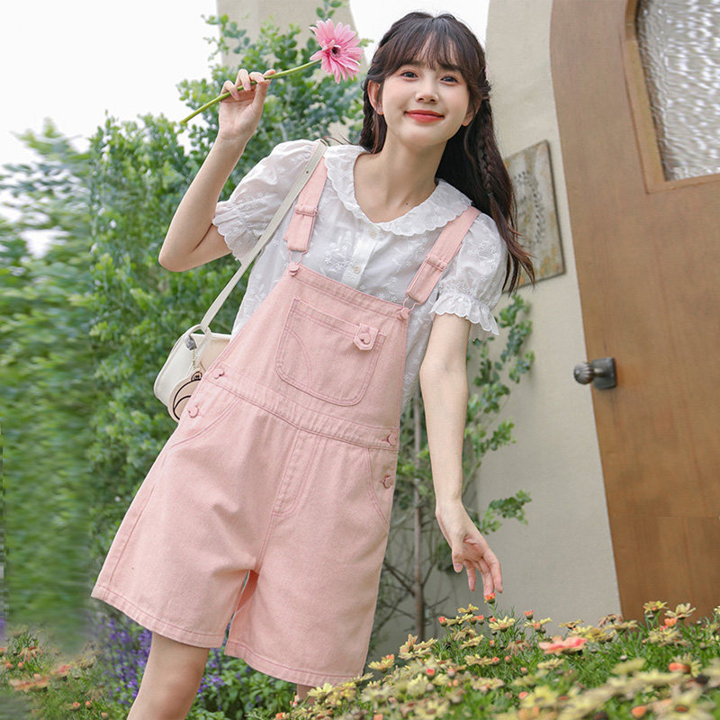 2026夏季学院风蜜桃粉色牛仔裤背带裤女短裤减龄宽松阔腿裤连体裤