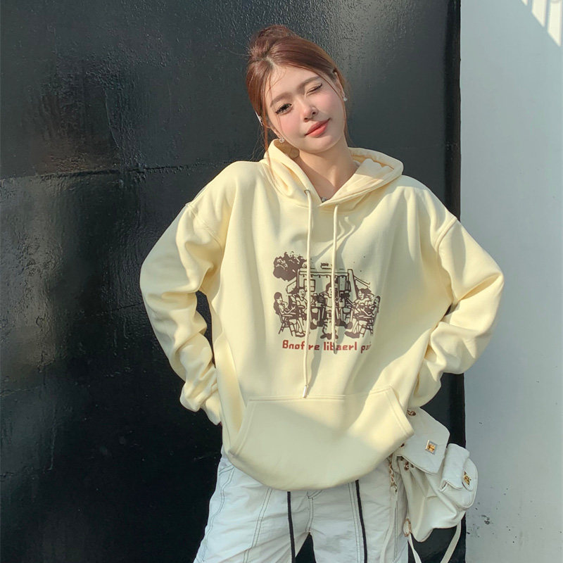 秋加绒多巴胺穿搭奶油黄色卫衣外套连帽套头美式复古淡黄色上衣