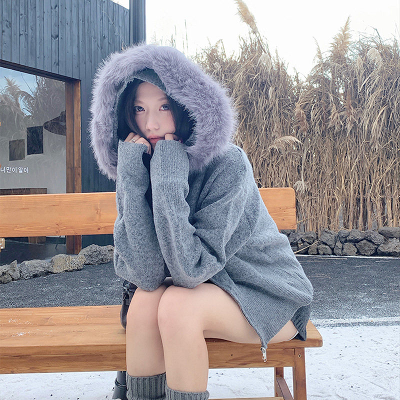 冬季加绒加厚一体绒灰色毛衣外套女针织衫开衫毛领连帽拉链短外套