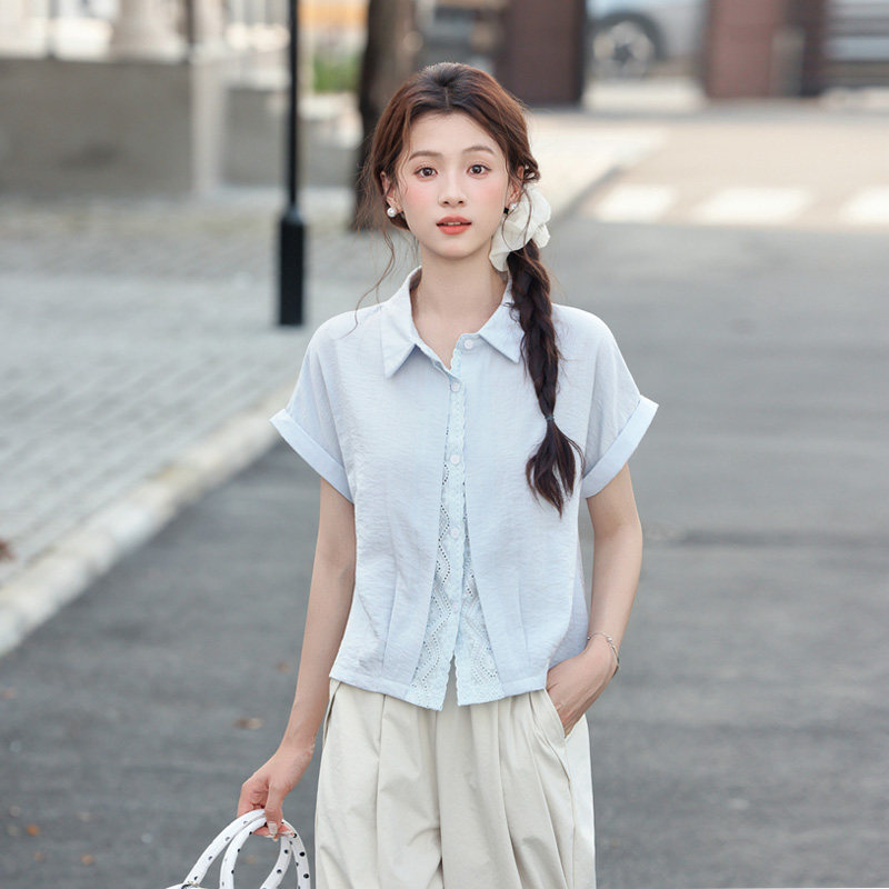 2026夏季甜美日系奶蓝色蕾丝花边短袖衬衫外套小个子短款正肩外搭