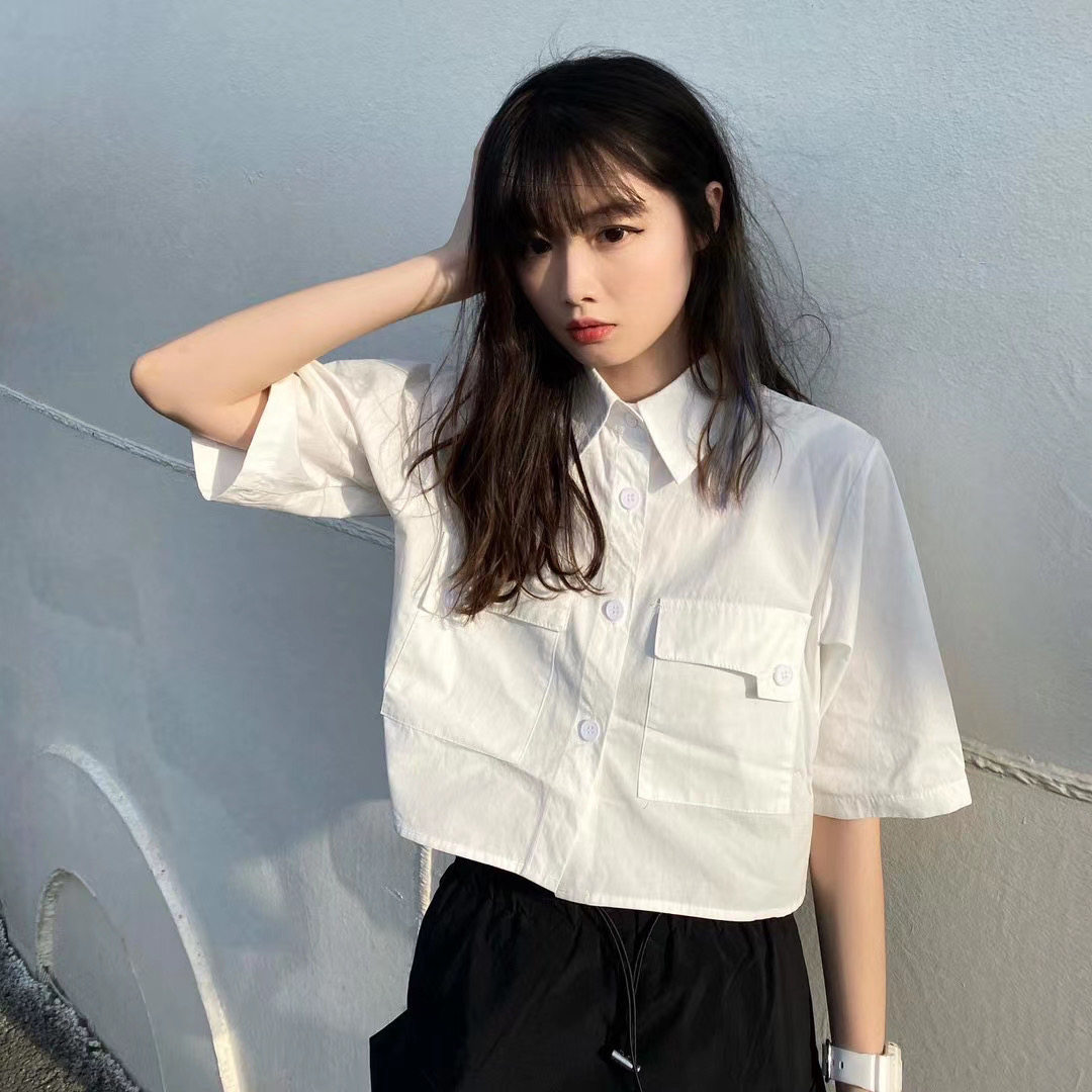日式工装短款白色衬衫女2024夏季宽松休闲百搭口袋毕业照班服上衣