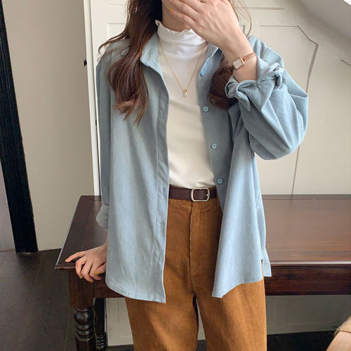 2026春秋奶蓝色灯芯绒衬衫外套女长袖开衫慵懒风高级感小众设计感