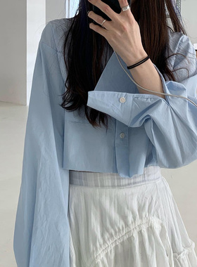 百思朵奶油蓝baby蓝衬衫2026夏学生小个子高腰露脐卡腰短款天蓝色