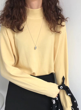 百思朵鹅黄色毛衣女奶黄色针织衫半高领打底衫兔绒糖果色内搭上衣