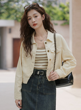 2025秋季多巴胺穿搭奶黄色牛仔外套短款小个子短外套夹克开衫外搭