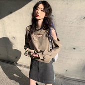 卡其色卡腰短款 卫衣女秋圆领高级感超好看露肩正肩奶咖色无帽外套