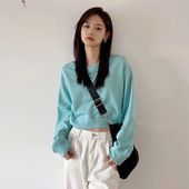 百思朵秋季 小个子湖蓝色卫衣ins清新baby蓝显瘦高腰短款 上衣外套