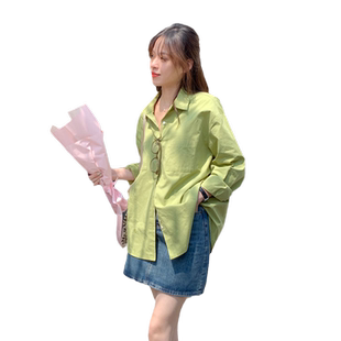 2026夏多巴胺穿搭牛油果绿色衬衫外套女开衫芥末绿衬衣上衣中长款