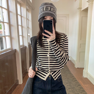 2026春秋黑白条纹针织衫开衫毛衣外套女短外套短款内搭开衫小外套