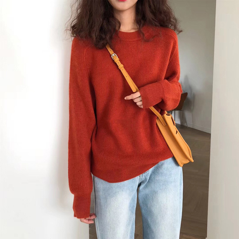 砖红色软糯风加厚圆领针织毛衣